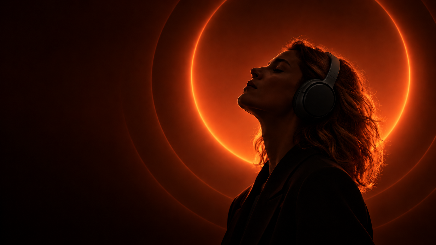 Vrouw met studiohoofdtelefoon voor een warme oranje lichtcirkel